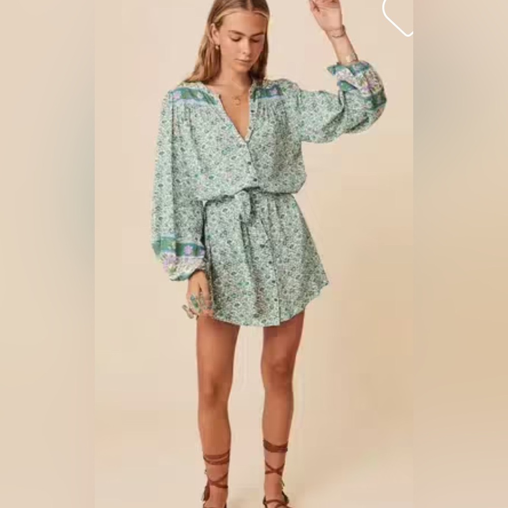 Spell Mint Green Floral Long-Sleeve Mini Dress